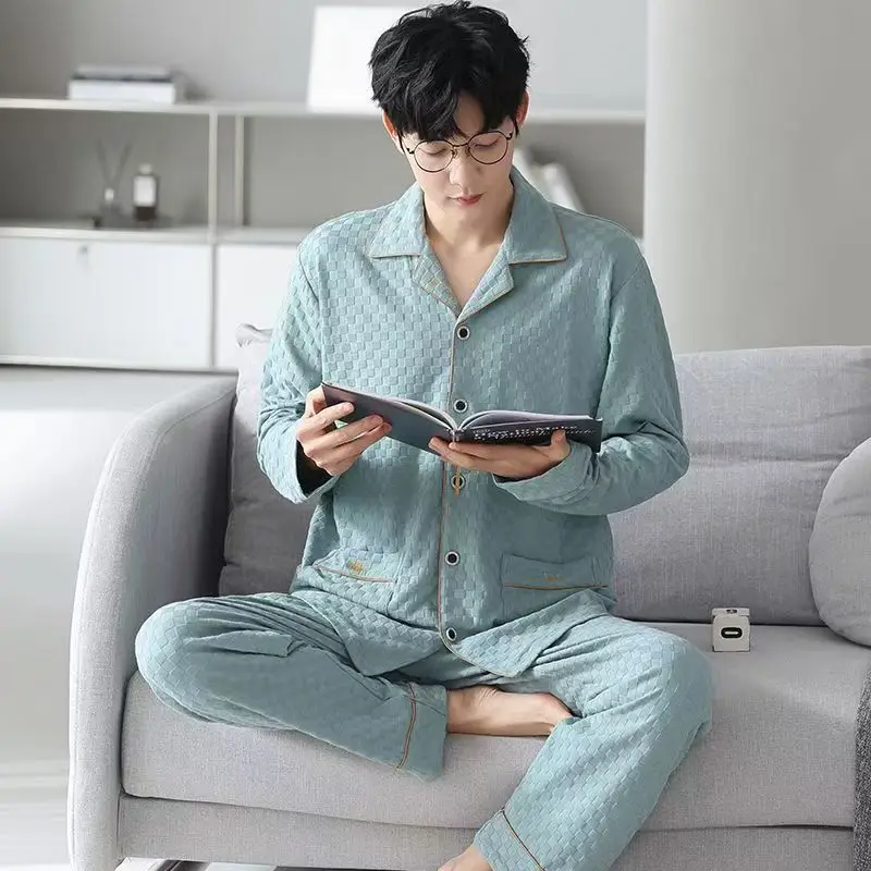 بيجامة رجالية غير رسمية للربيع والخريف، فاخرة وراقية، سترة صوفية ذات طراز جديد، ملابس منزلية للمراهقين #4