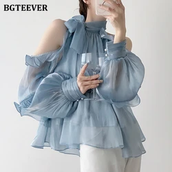 BGTEEVER Spring Autumn Lace-up Women Blouses Long Sleeve Off-the-shoulder Ruffles Ladies Shirts Elegant Female Tops