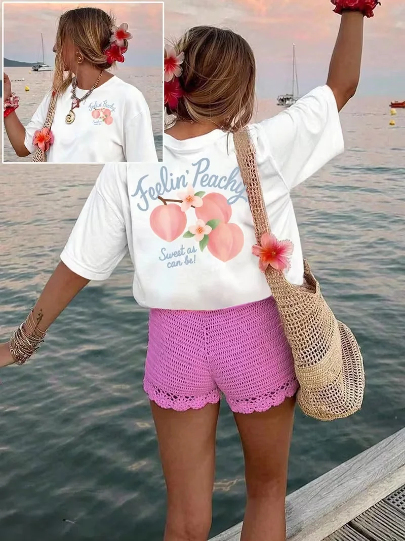 Sweet Peachy Quote Print T-shirt Crew Neck Short Sleeve Summer Fruit Graphic Tee For Casual Outdoor Daily Holiday Street Style
