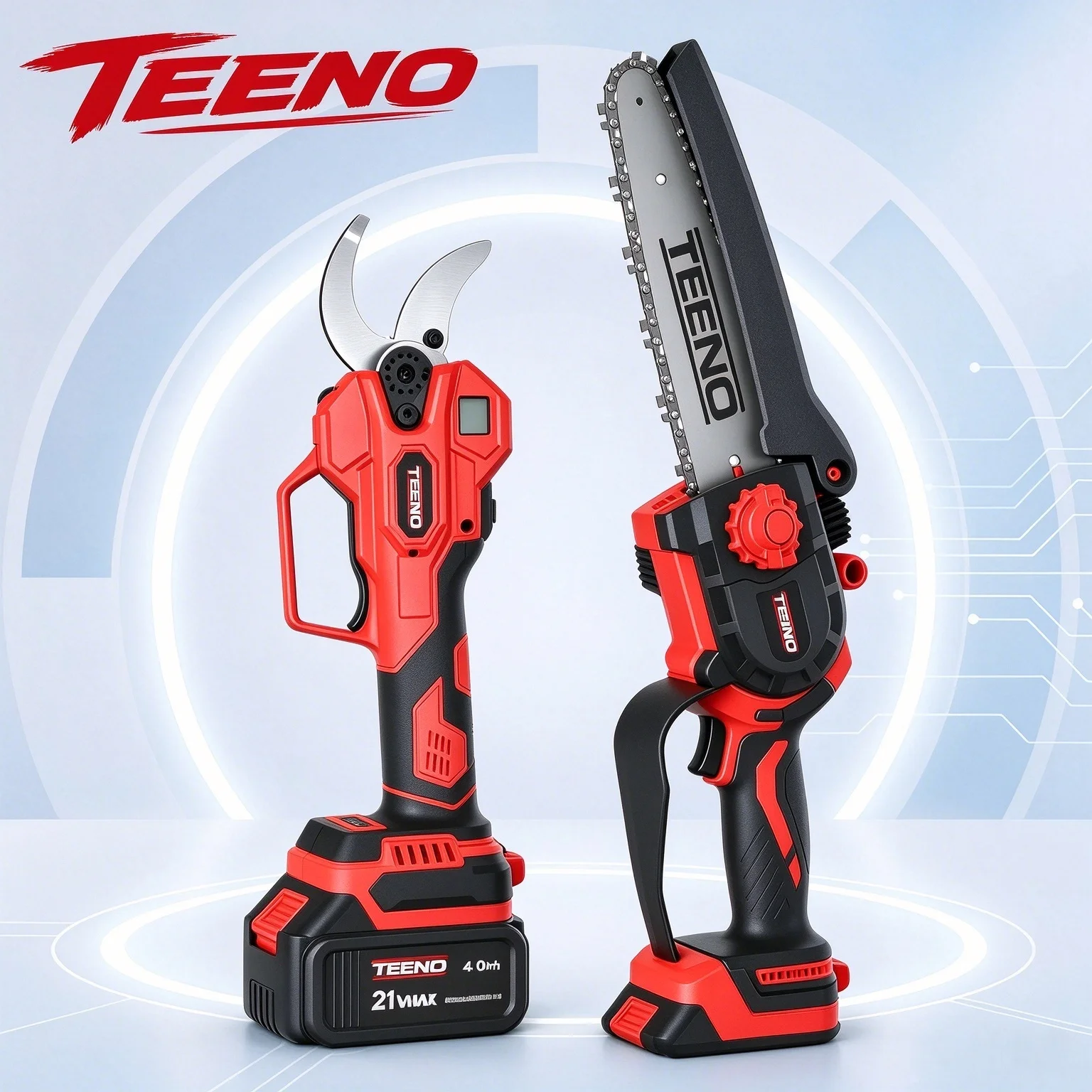 TEENO Set di attrezzi da giardino 2 in 1: Mini motosega a batteria da 6 pollici + Potatore elettrico senza fili 0-40 mm, 2 X 4,0 Ah Batterie, Lame in acciaio SK5 per tagliare tronchi e rami