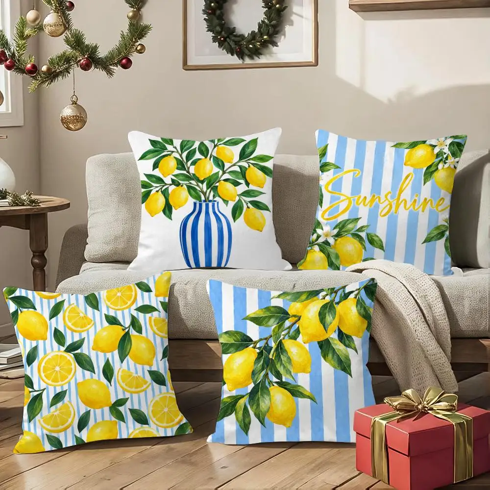 Fresh Lemons Chic Cushion Cover 1/4Pcs Soft Plush Throw Pillow Cover Double-Sided Print Sofa Living Room Decor
