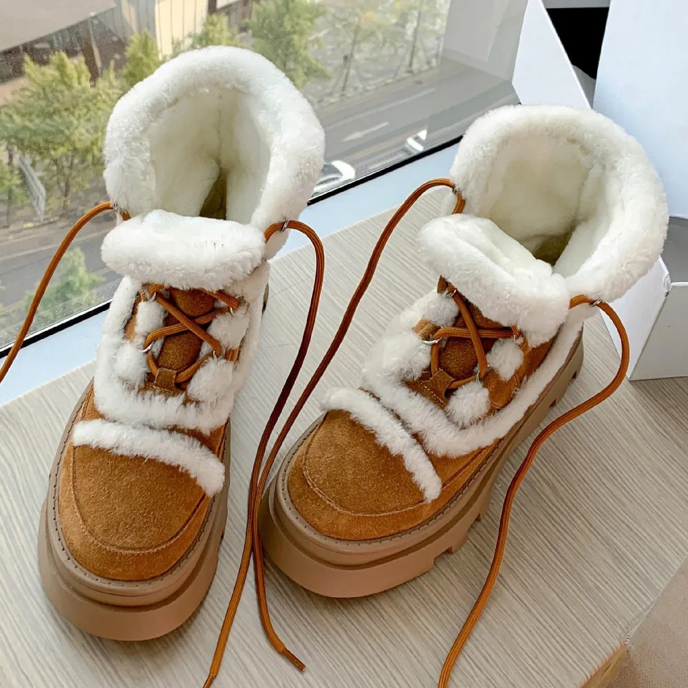 

Women's natural suede leather thick sole platform flats winter snow boots wool inside cold weather warm short ankle boots shoes