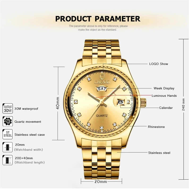 Fashion Chenxi Top Brand 8204a Couple Luxury Quartz Golden Stainless Steel Casual Waterproof Clock Gift For Women And Men Watch