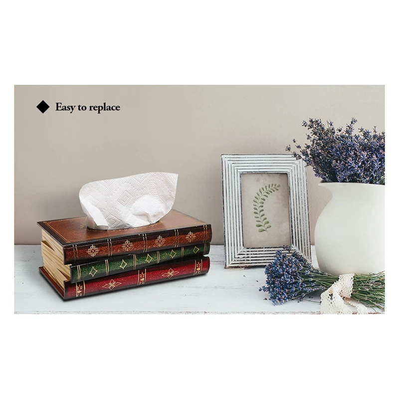 Caja de pañuelos de madera maciza con diseño de libros apilados Vintage, soporte Rectangular con parte superior con bisagras de fácil recarga, verde de aproximadamente 25,5x14,5x10,3 cm