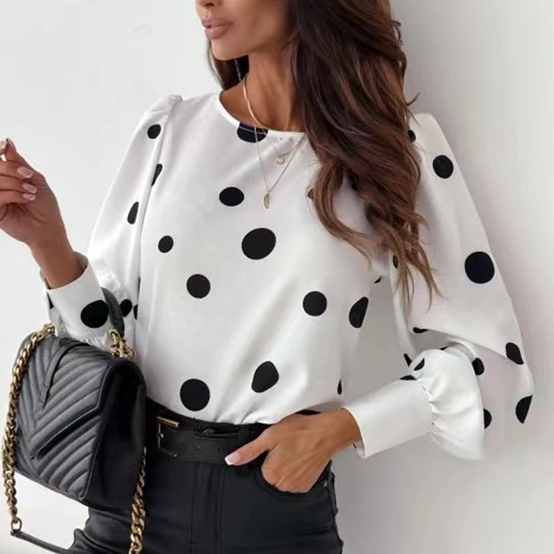 Women\'s Korean Fashion Polka Dot Print Shirt, Elegant Women Tops, Long Lantern Sleeve, O-neck, Loose Clothes, Spring Autum 8631