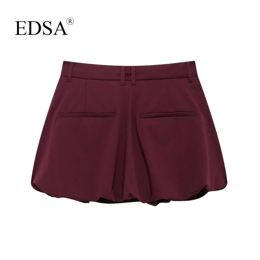 EDSA Women Wine 2 Pcs Skirt Set Turn-down Collar Long Sleeves Zipper Jacket & High Waist Pockets Lace-Up Mini Skirts Female Suit