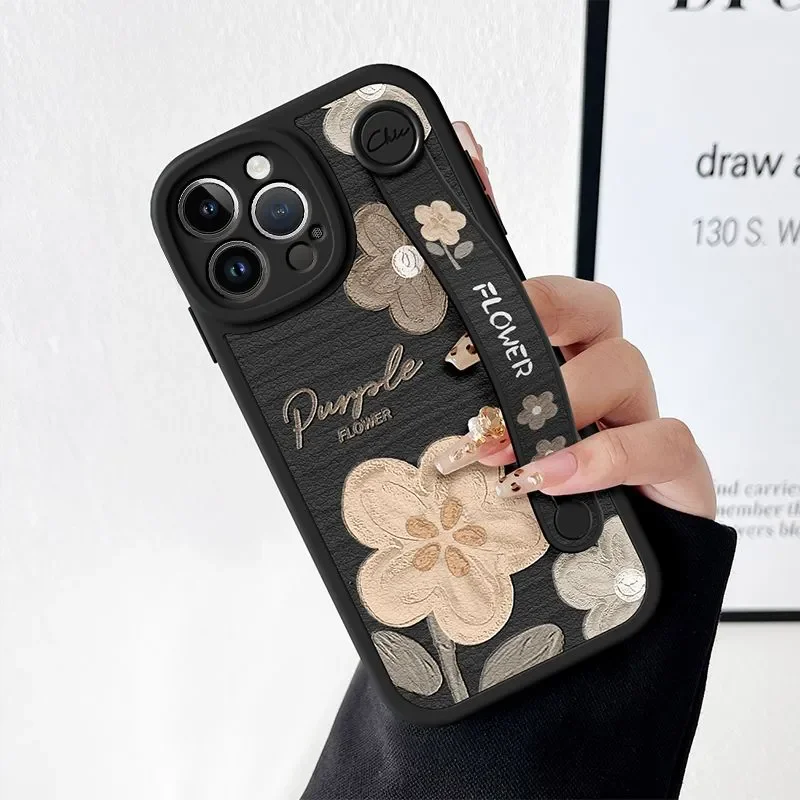 

Lovely Flower wristband Phone Case for iPhone 16 17 pro 15 14 13 12 11 Pro max Casing with Wrist Strap Soft Mobile phone Cover