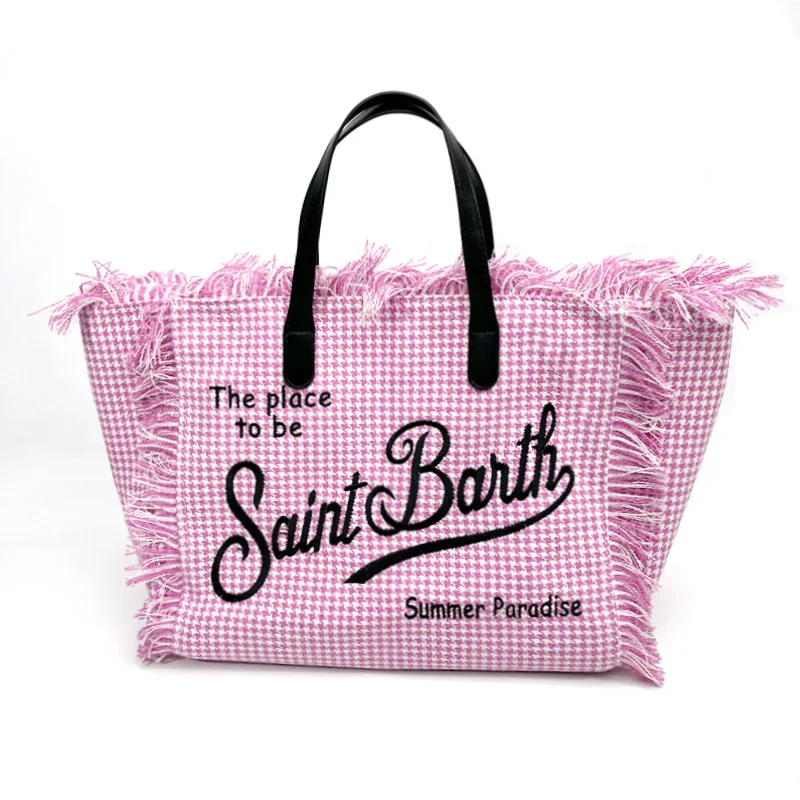 

SAINT BARTH New Women's Large Capacity Leisure Tourism Pink Thousand Bird Checkered Handmade Tassel Handbag