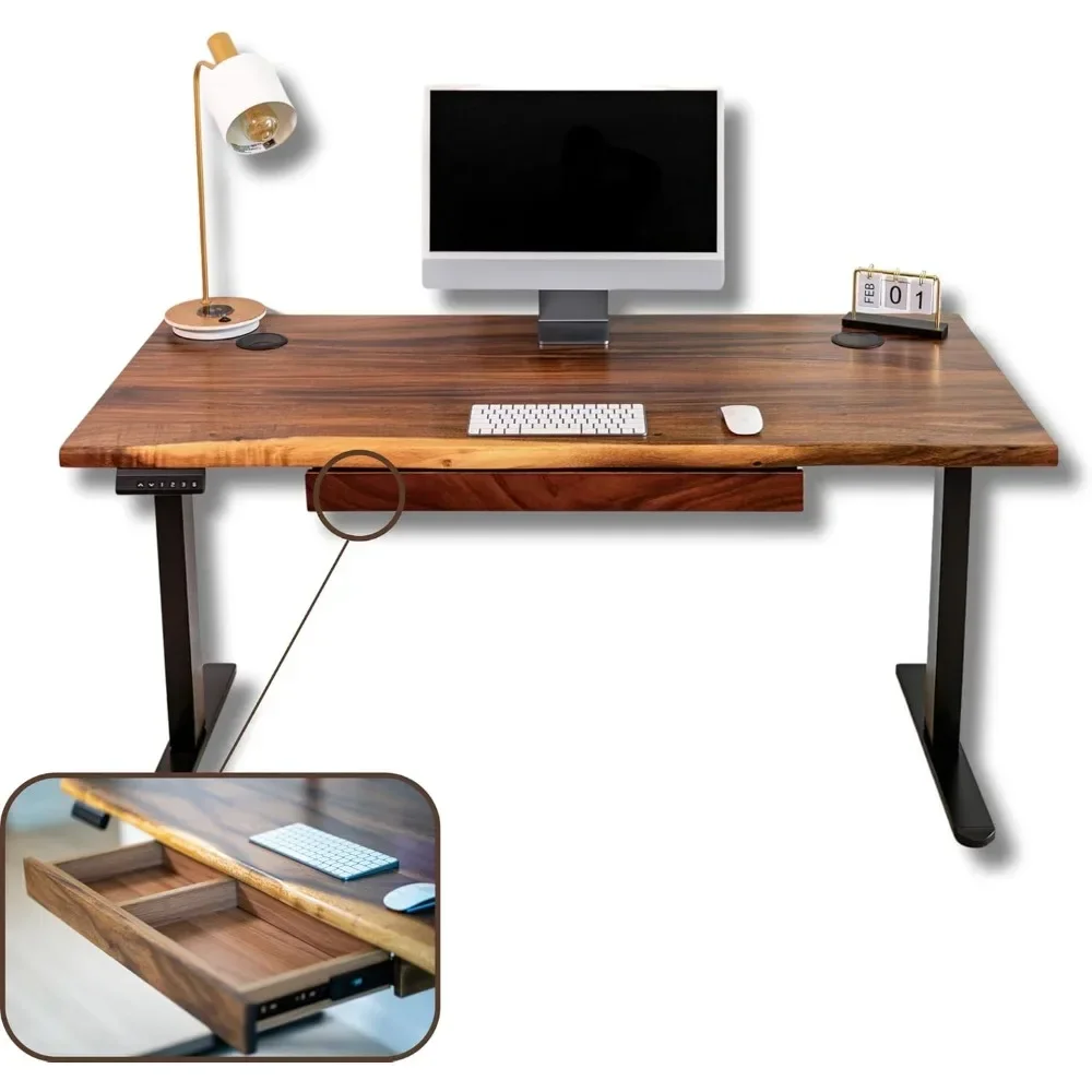 Standing Desk with Drawer – Walnut Solid Wood Desk|, Live Edge Adjustable Height Desk, Dual Motor Sit Stand Desk for Home Office