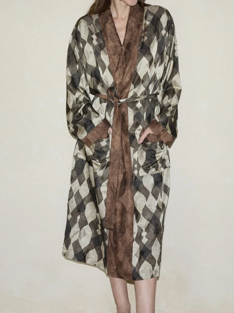 Fashion High Street Pocket Loose Coat Geometric Pattern Print Tie Up Homewear Sleepwear Winter V Neck Long Sleeved Lady Cardigan