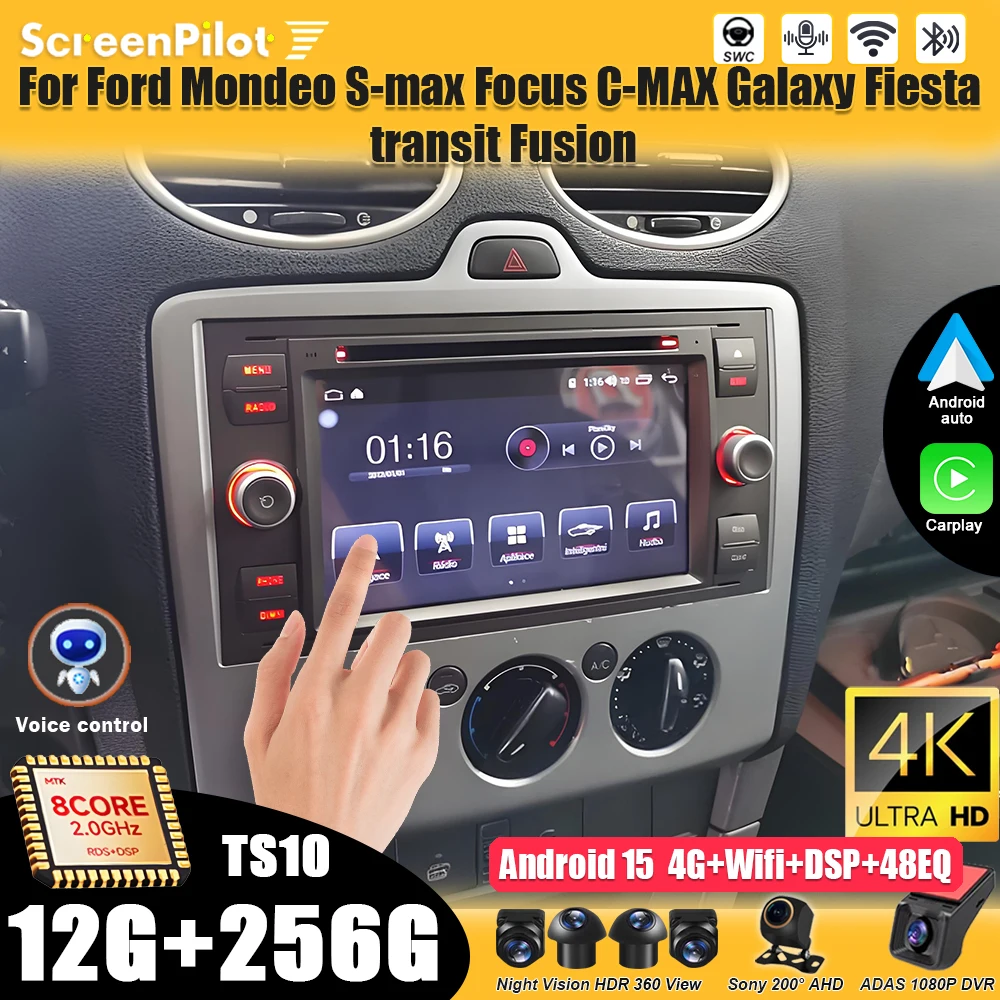 Car Radio For Ford Mondeo S-max Focus C-MAX Galaxy Fiesta transit Fusion Multimedia Carplay Android15 Auto Player GPS Navigation