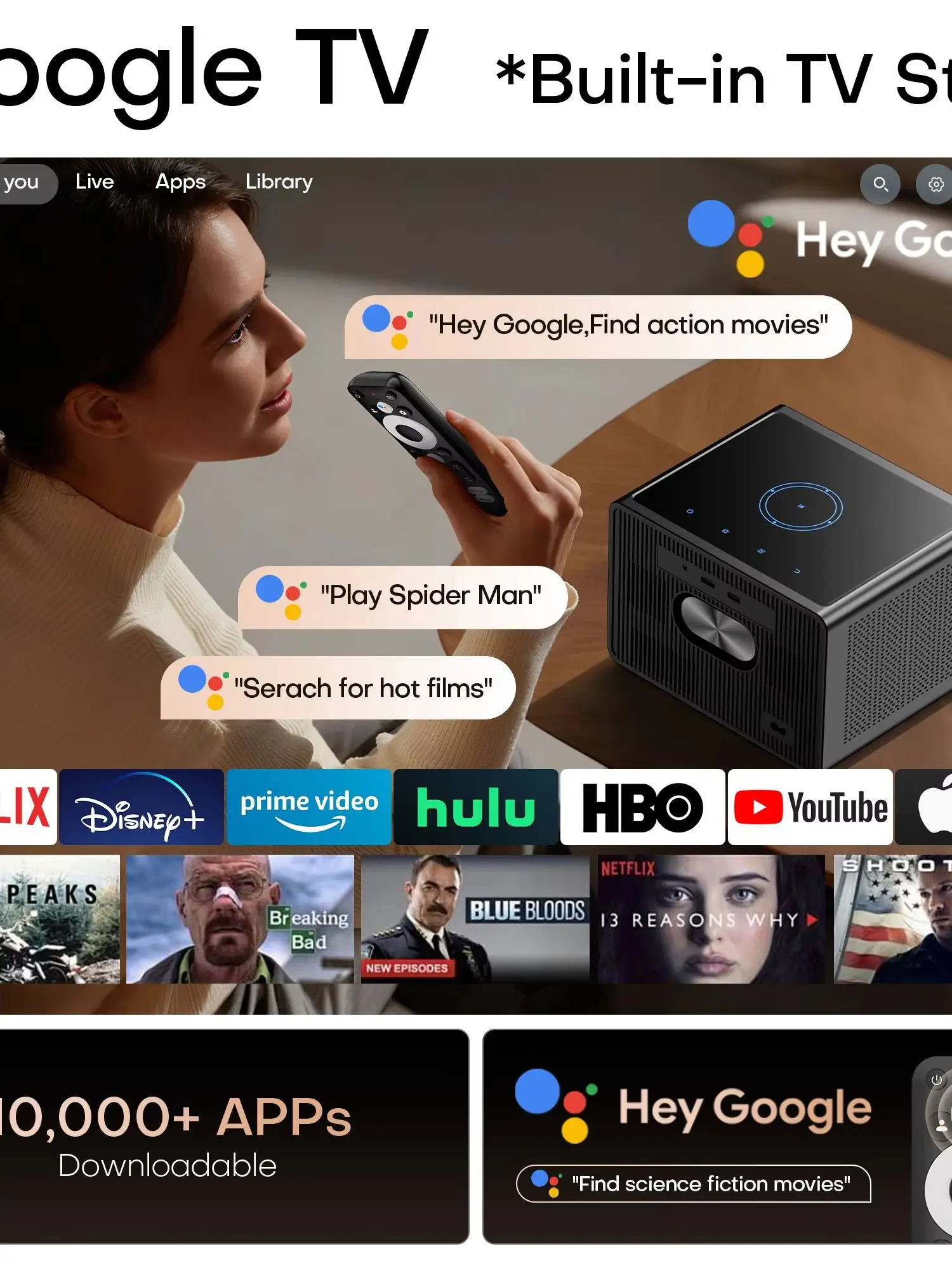 HORLAT 52000 Lumen Ultra HD Projektor 2G 32GB Android 14 Autofokus Smart Google TV Heimkino-Videoprojektor für Tageslichtprojektion