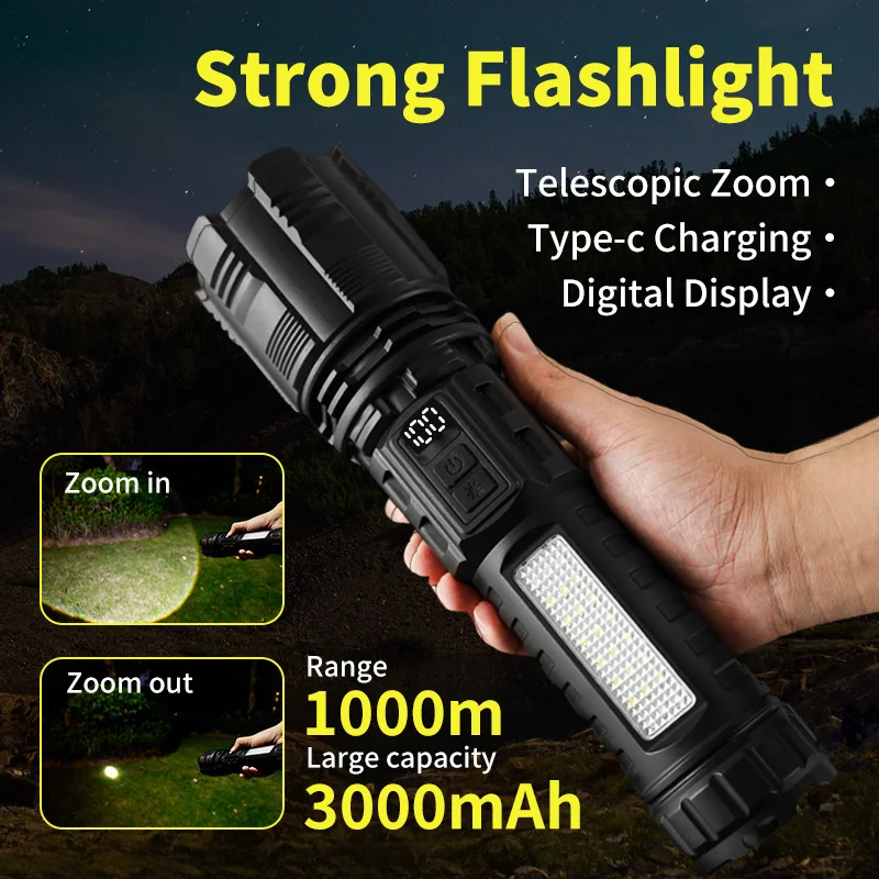 Large Flashlight Aluminum Alloy Searchlight Outdoor Strong Light High Brightness Solar Patrol Lamp Telescopic Zoom Far Spotlight