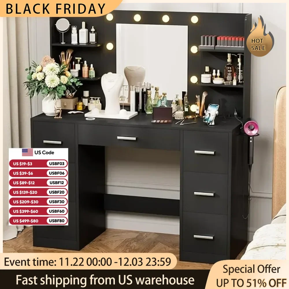 Vanity Desk with LED Lighted Mirror&Power Outlet 3 Model Lights Makeup Table with Drawers Vanity Table Set for Women Girls