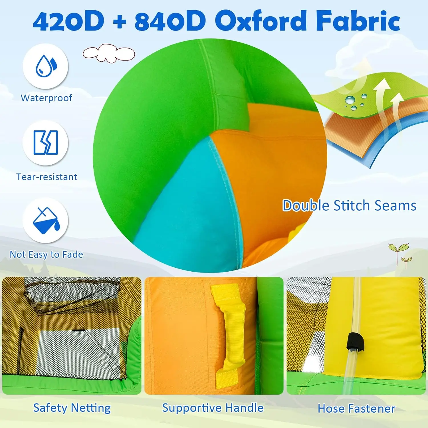 Opblaasbare Waterglijbaan Met 550W Blower, 6 In 1 Uitsmijter Waterpark W/Klimmuur & 2 Lange Glijbanen, Plons Zwembad, Waterkanonnen