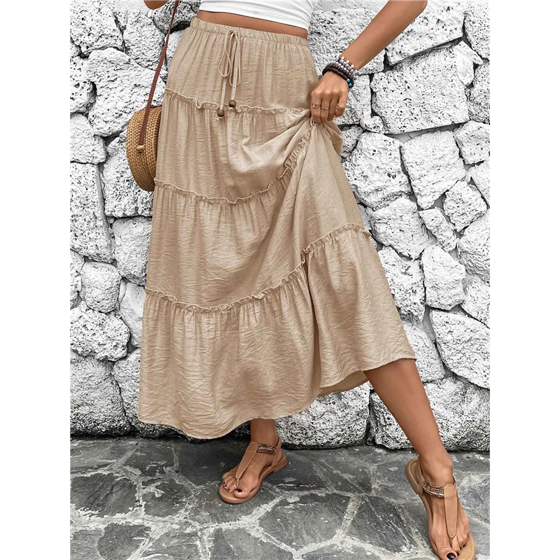 Women's Summer Boho Maxi Skirt Flowy Ruffle A-Line Elastic High Waist Pleated Tiered Beach Long Skirts