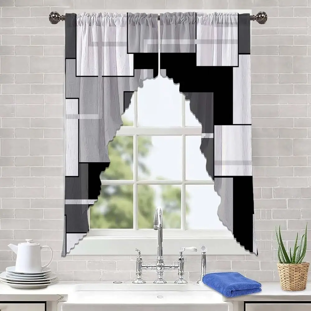 

Grey Swag Valances Set, Geometric Black Grey Swag Curtains Gray Modern Kitchen Curtains Fade and Wrinkle Resistant - Ideal for L
