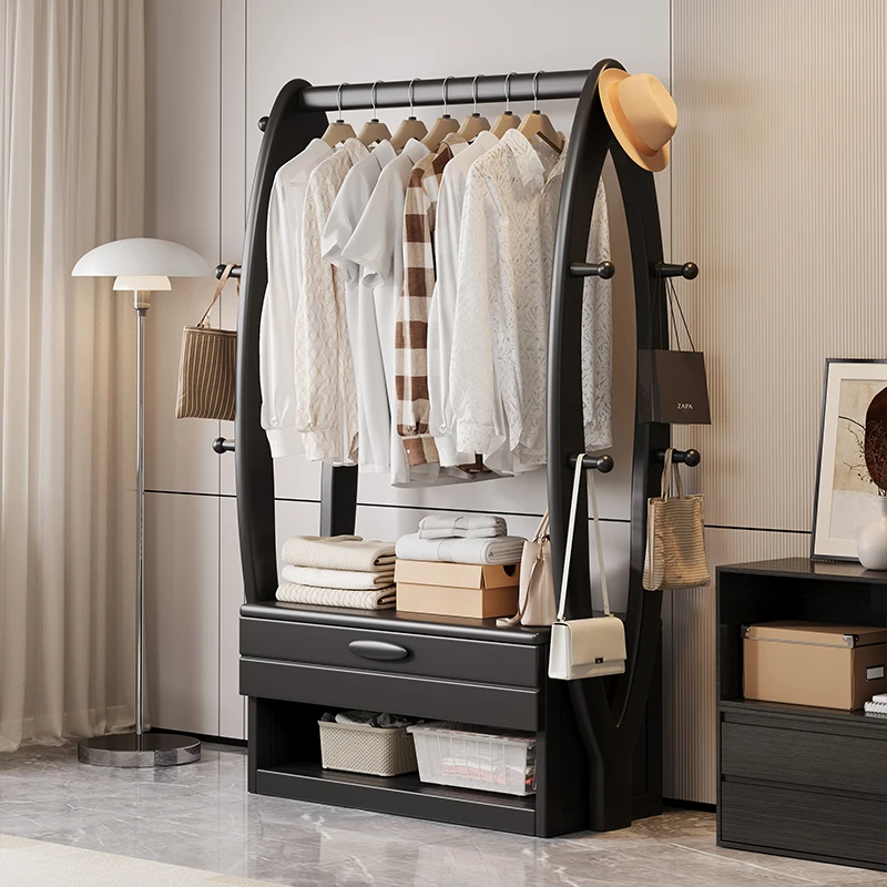 

New Chinese floor-to-ceiling coat rack Household multi-functional hanger Simple solid wood hanger Clothes bag rack Black