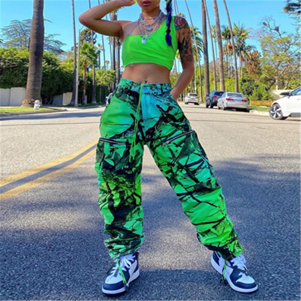 2024 High Waist Y2K Print Pockets Zip Up Botton Ruched Cargo Pants Spring Summer Women Fashion 90s Streetwear Wear green Lounge