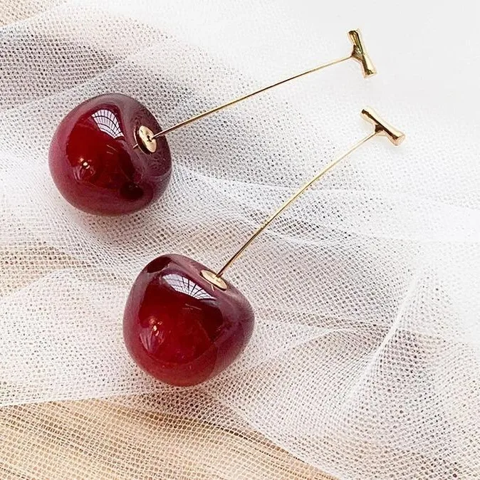 Metal Resin Cherry Fruit Dangle Earrings for Women New Simple Trend Design Jewelry Party Accessories