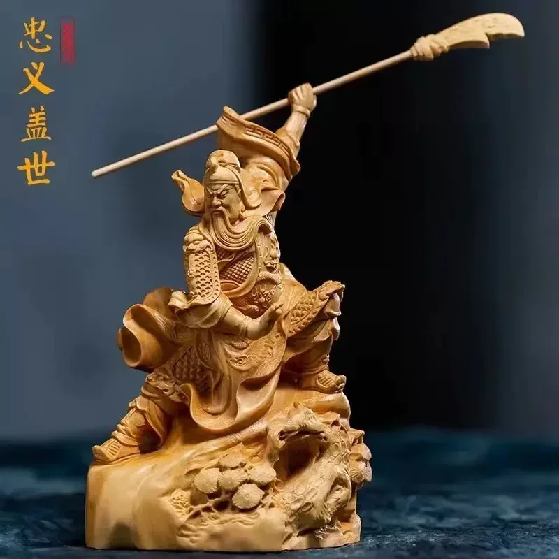 

14CM Feng Shui Boxwood The Three Kingdoms Figure Wood Statue Sculpture Guanyu Riding Horse Home Decor