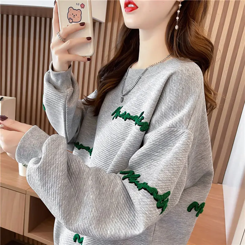 2022 New Casual Embroidery Letter Sweatshirts Women Classic Long Sleeve Loose Fashion O-collar Comfortable Pure Cotton Lady Top