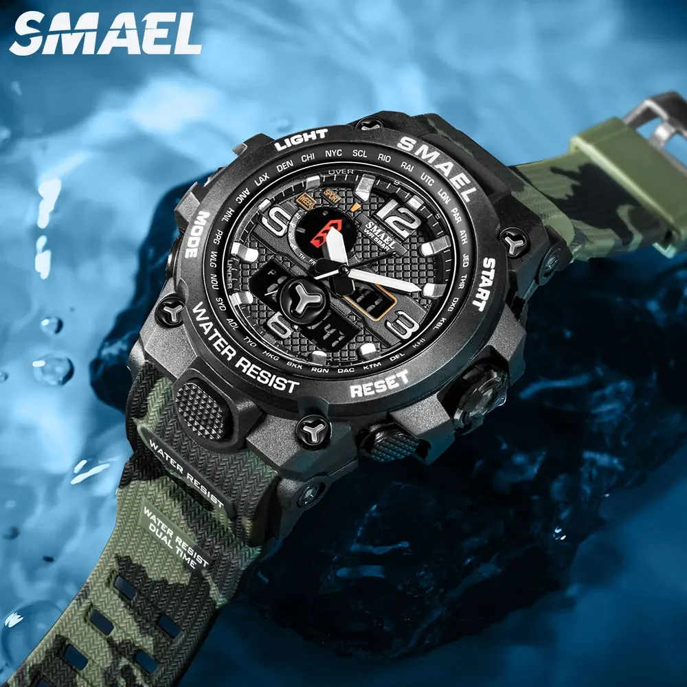 SMAEL Men\'s Multi functional Waterproof Night Light Alarm Clock Sports Outdoor Watch 1545D Camo Tactical Watch