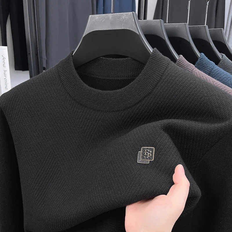 Men's autumn winter high quality fleece-lined long sleeves pullover round neck keep warm knit sweater leisure trend Men clothing
