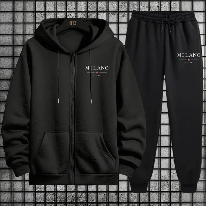 2-teiliges Set mit Kapuze, Mantel, Jogger-Hose, lässige Outfits, 2025, neuer trendiger Herren-Reißverschluss-Hoodie, schwarze Jogginghose, italienischer Mode-Trainingsanzug
