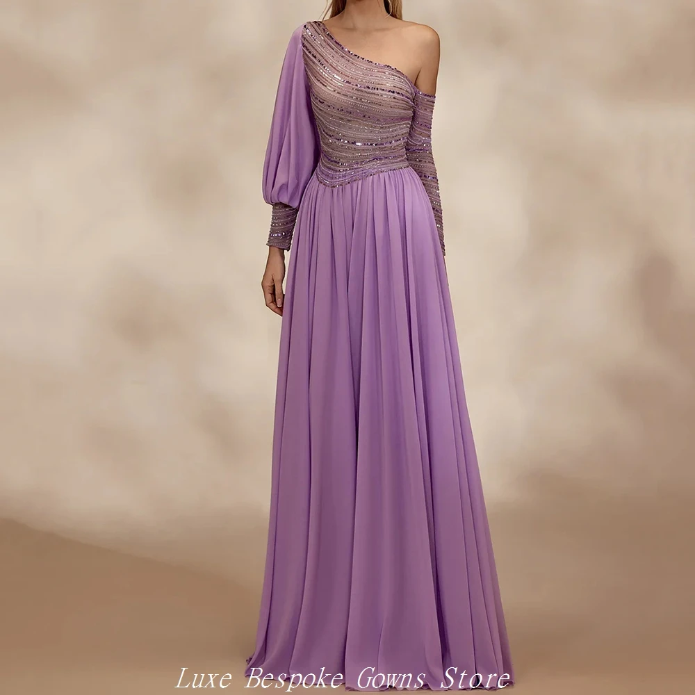 

Women's Formal Evening Gowns A-line Floor-length One-shoulder Full Sleeve Prom Dresses Fashion Sequined Draped Customized Gowns