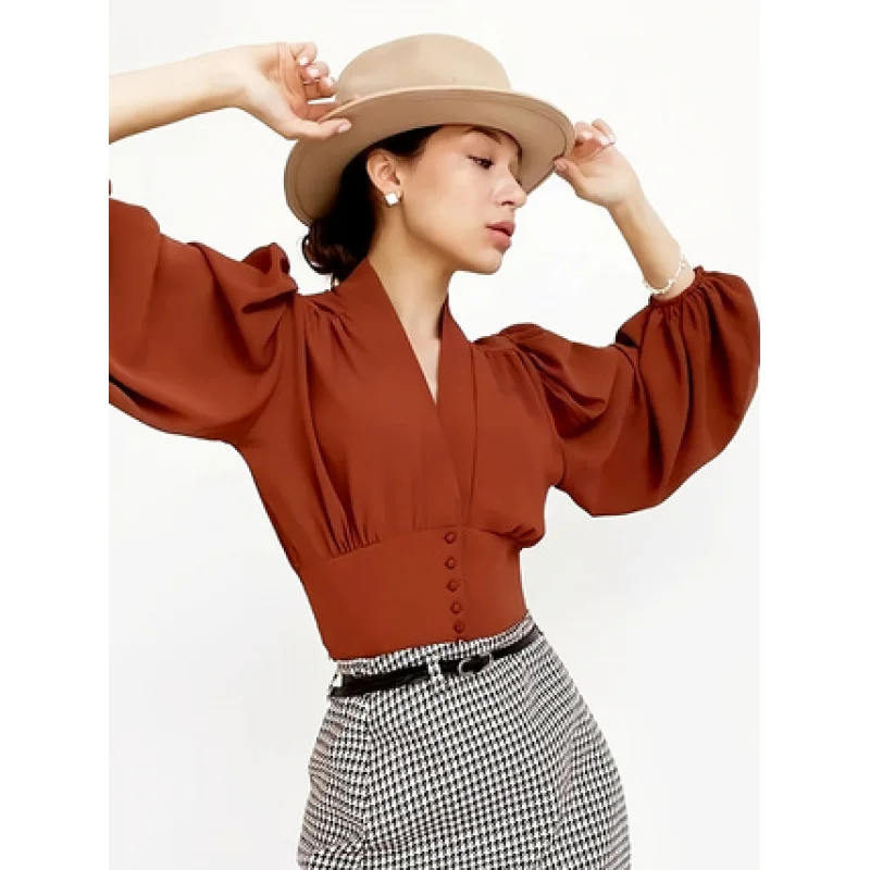 [Retro Bubble] Women's Retro V-Neck Bubble Sleeve Elastic Cuff Short Shirt Solid Color Spring, Summer, urban shirt