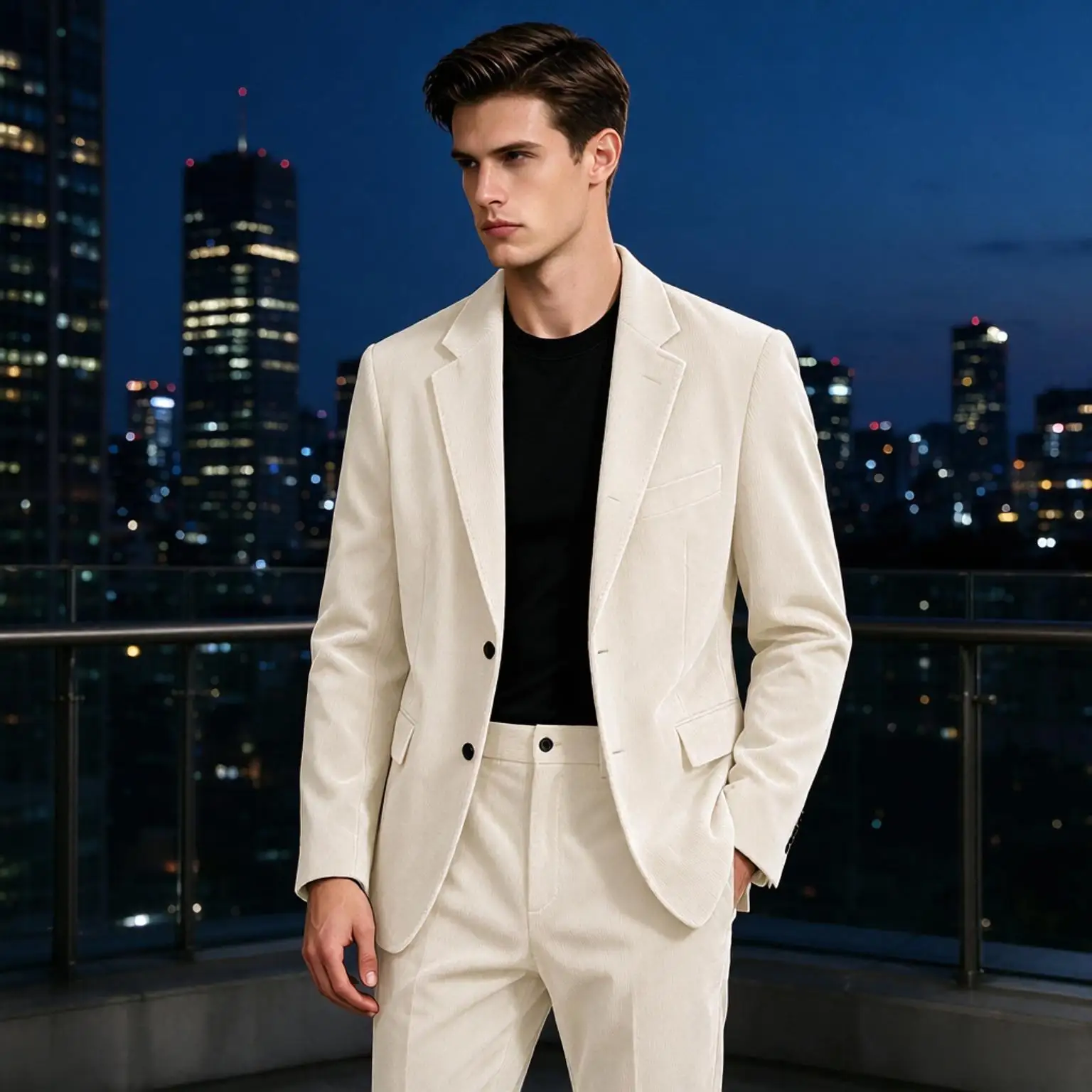 Men Corduroy 2 Piece Suit Set Lapel Collar Two‑Button Blazer Pants Business Casual Male Outfit For Party Dating Office