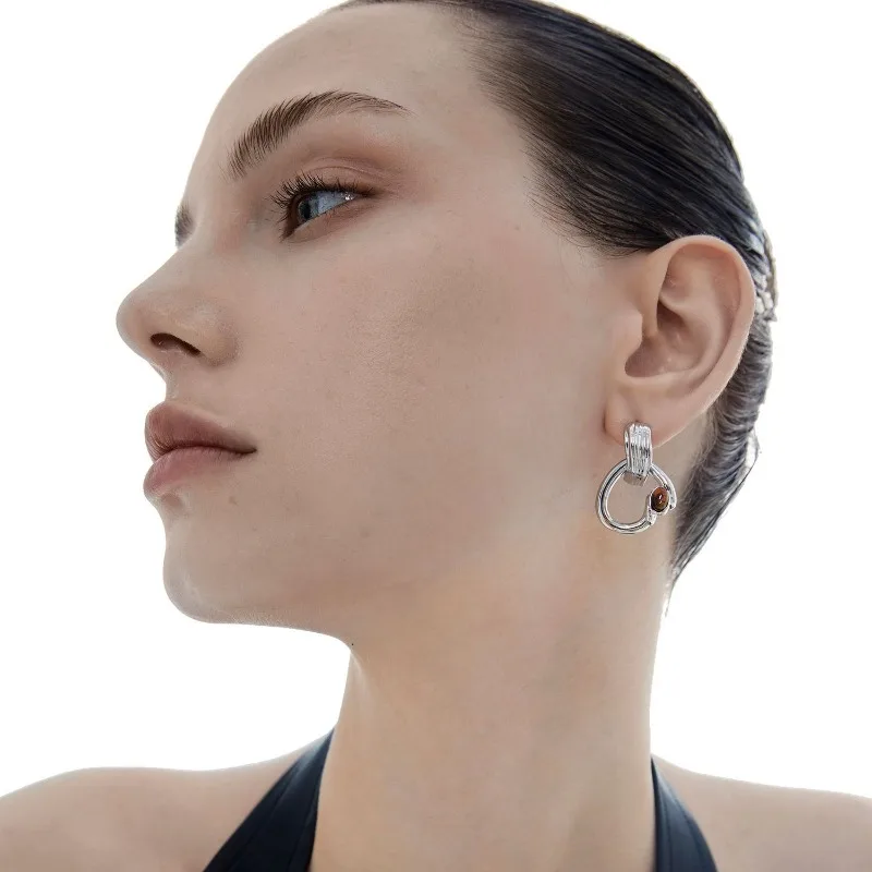 

Tiger's Eye Stone Inlaid Irregular Ring Earrings Niche Design Earrings Light Luxury High-end Stud Earrings Women's Accessories N