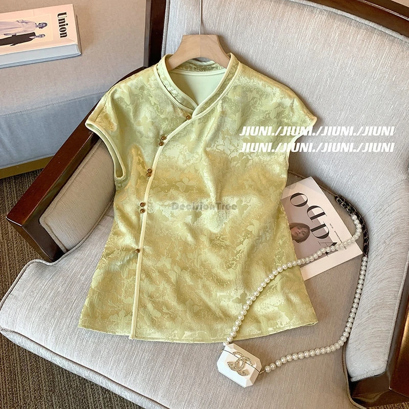 

Новинка 2025 года, жаккардовая рубашка без рукавов в китайском стиле для женщин, летняя модная рубашка в стиле ретро, improvd qipao, повседневная блузка, топ