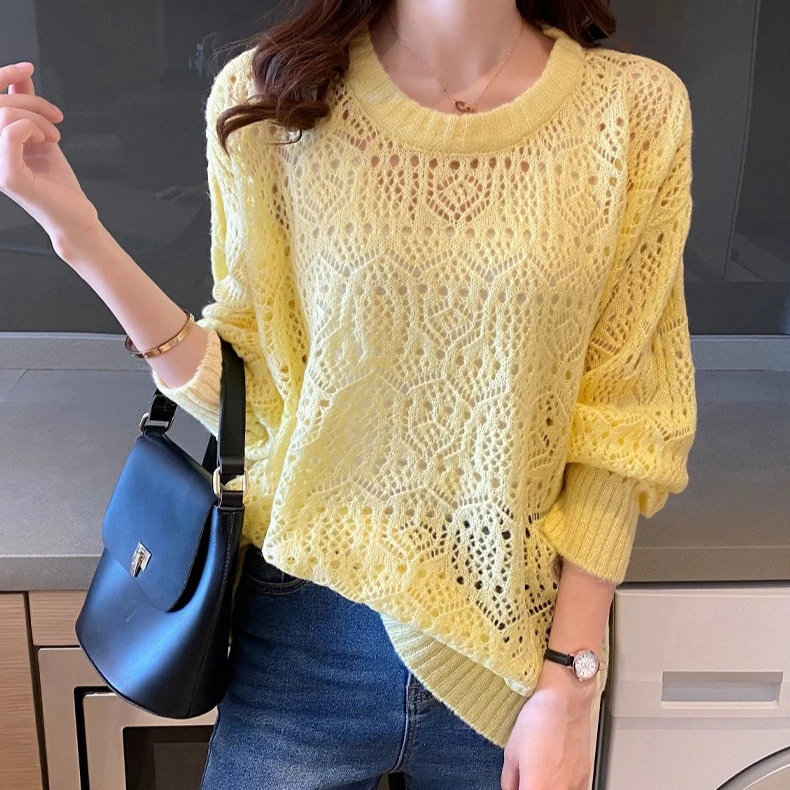 

korean solid Hollow knitted sweater women's thin loose spring autumn sweater crew neck t-shirt pullover sunscreen blouse female