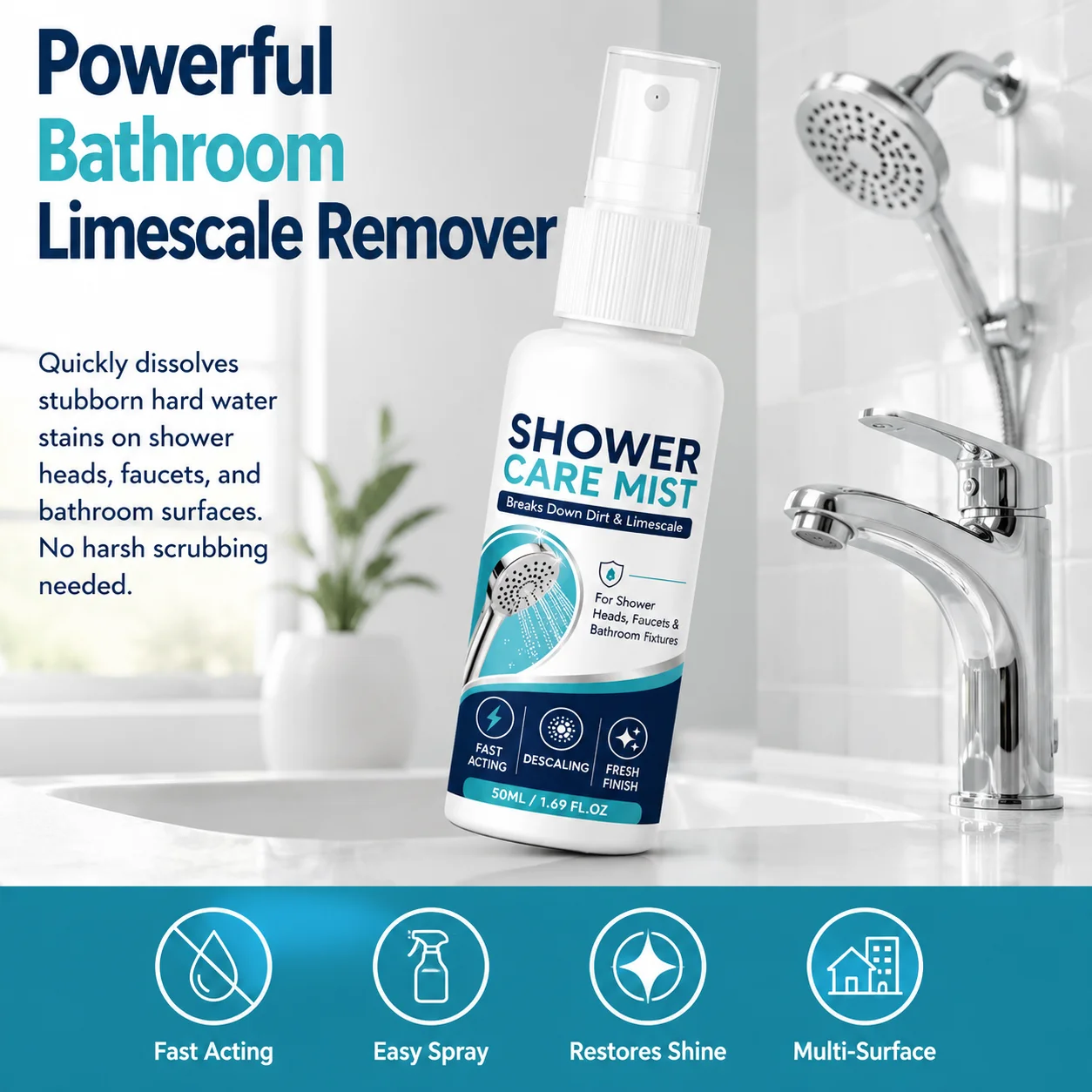 Limescale Remover Spray Fast Dissolving Bathroom Hardware Cleaner for Shower Faucets Stainless Steel Polishing Agent