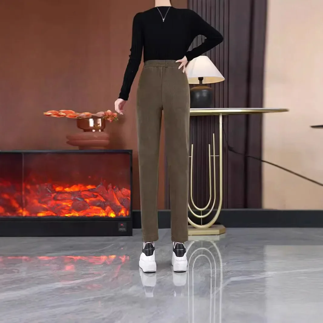 سراويل تقليدية فضفاضة تناسب السراويل الدافئة الخريف/الشتاء الموسم نمط جديد التخسيس عالية الخصر مستقيم الساق الصوف مبطن #2