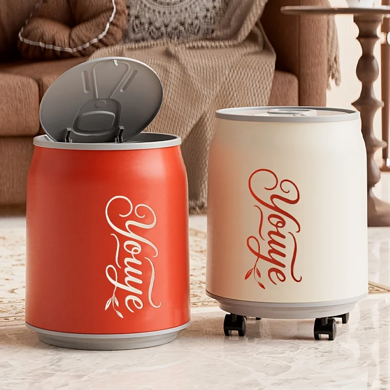 Creative Push-Button Trash Can with Lid Soda Can Shape Portable Waste Basket for Home Bathroom Kitchen Garbage Bin with Wheels
