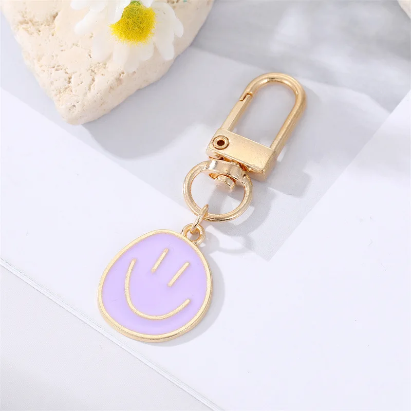 Cute Smile Face Keychain Yellow Pink Blue Black Enamel Metal Key Ring Bag Accessories For Women