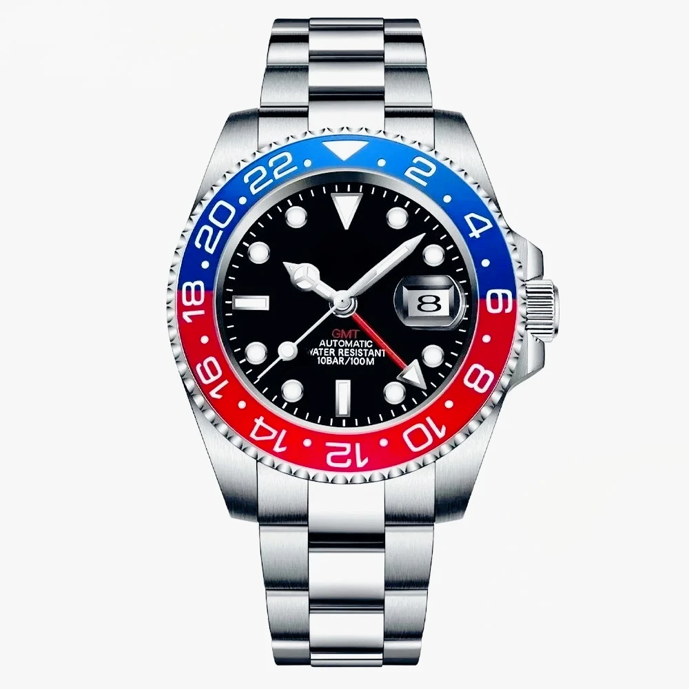 40mm Multifunctional Men GMT Automatic Mechanical Watch 904L Stainless Steel Anti Corrosion Case Black Blue Fashion Glass Design