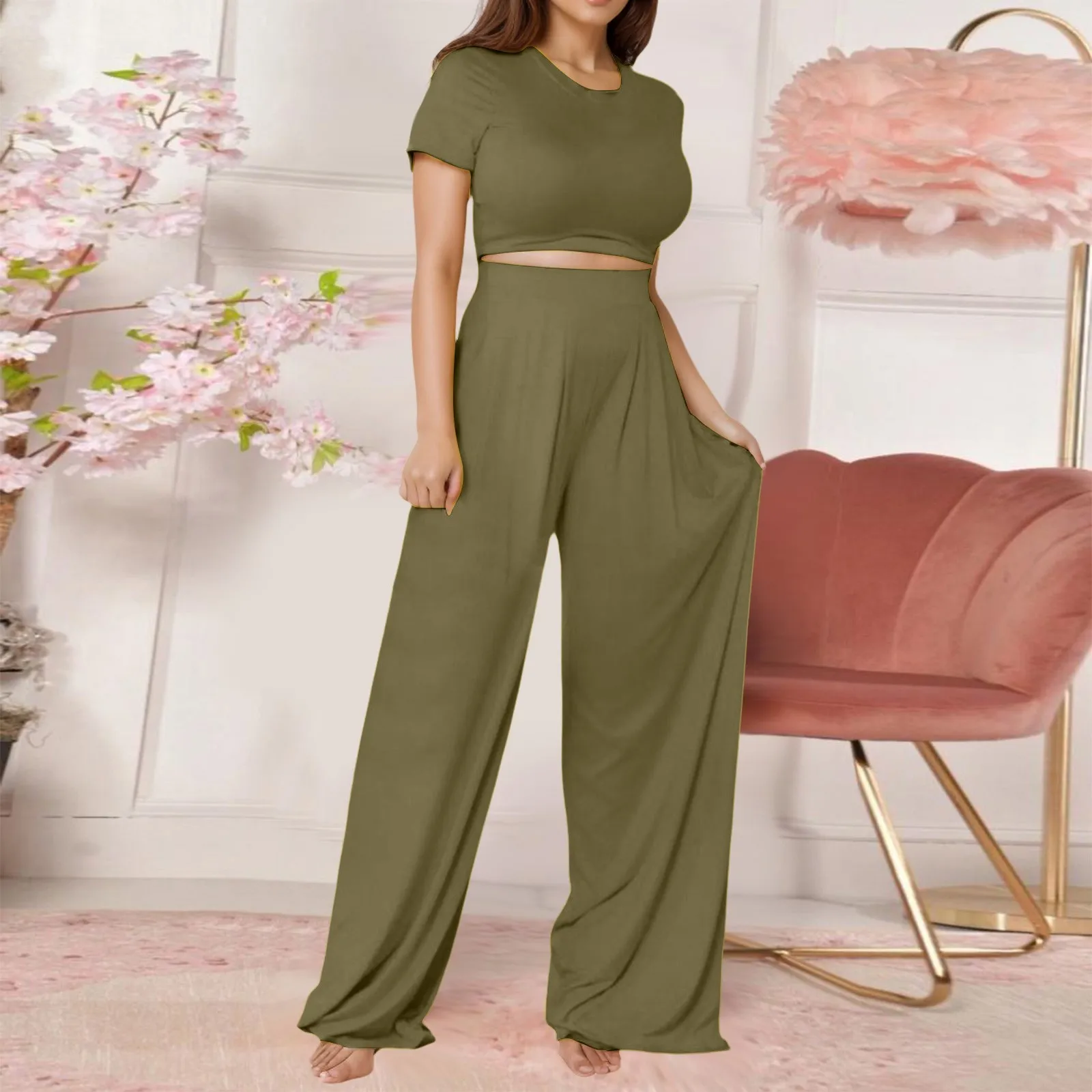 

Plus Size Women'S Fashion Casual Wide Leg Short Sleeved Pant Suit Two Piece Set Slim Tops Solid Color Suits Streetwear 2024 New