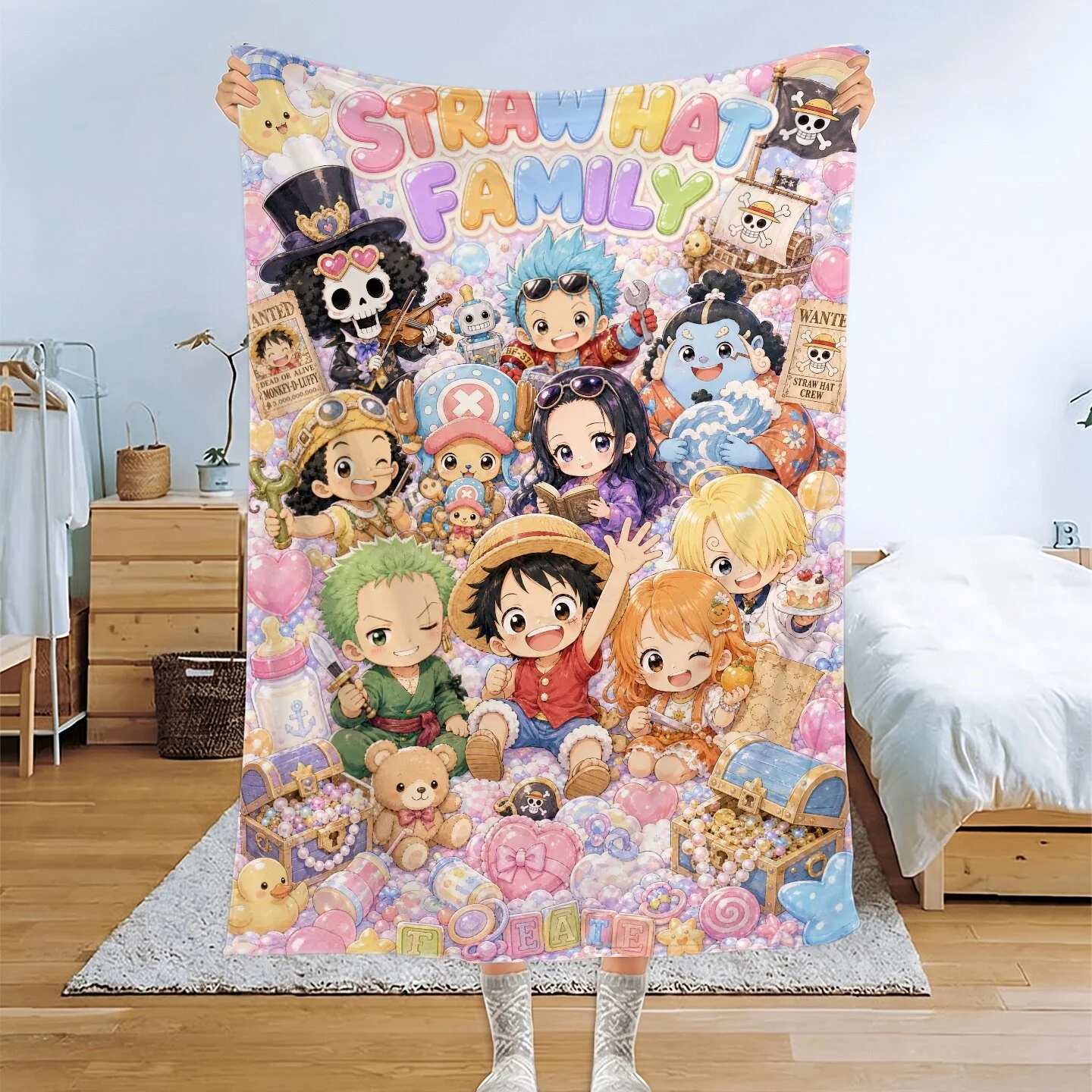 One Piece Straw Hat Family Flannel Blanket Bundle, Luffy Shanks Ace Sabo Cute Q Print Throw Blanket, Soft Warm Anime Fan Gift
