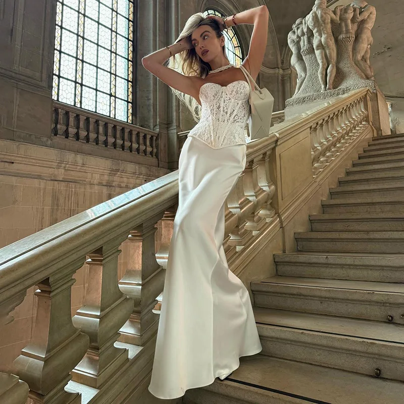 

Leosoxs Vintage White Two Piece Skirt Set 2025 Sleevelss Lace Tube Top + Skinny Long Skirt Suit Elegant Party Evening Clothes