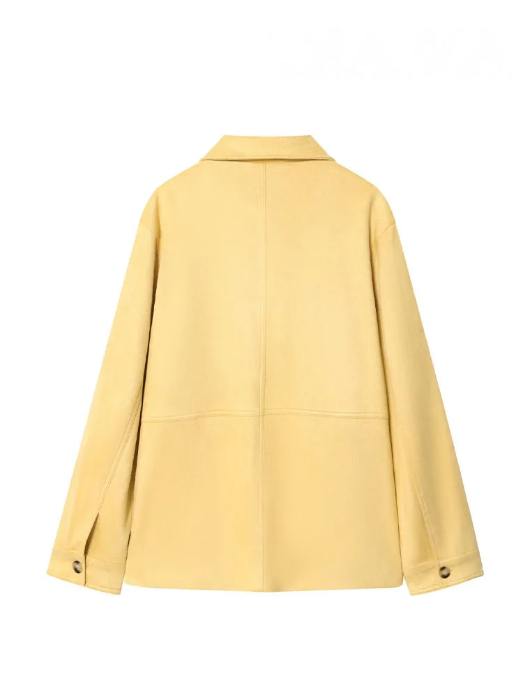 HH Women Summer Casual Long Sleeve Loose Jackets Yellow Turn-Down Collar Single-Breasted Female Fashion Pockets Coats Trendy