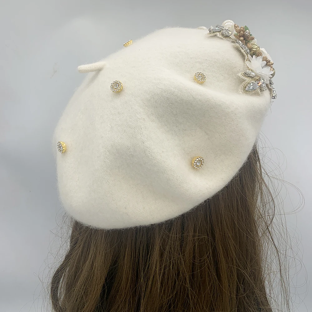 2024 Winter Autumn Women\'s Beret Hat Flower Diamonds Lady Beanies Cap French Retro Female Head Wrap Bonnet