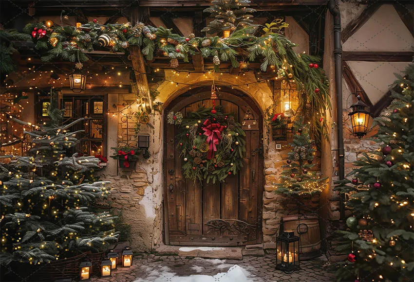 Mehofond Photography Backdrop Rustic Front Door Family Holiday Party Christmas Village Trees Snowy Twinkling Decor Background