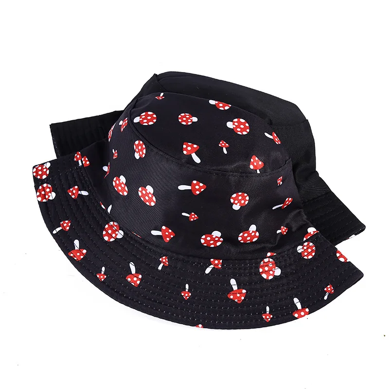 Bocca Mushroom Printed Bucket Hat Reversible Bucket Hats Foldable Cotton Cap Unisex Fisherman Hat Double-sided Sunscreen