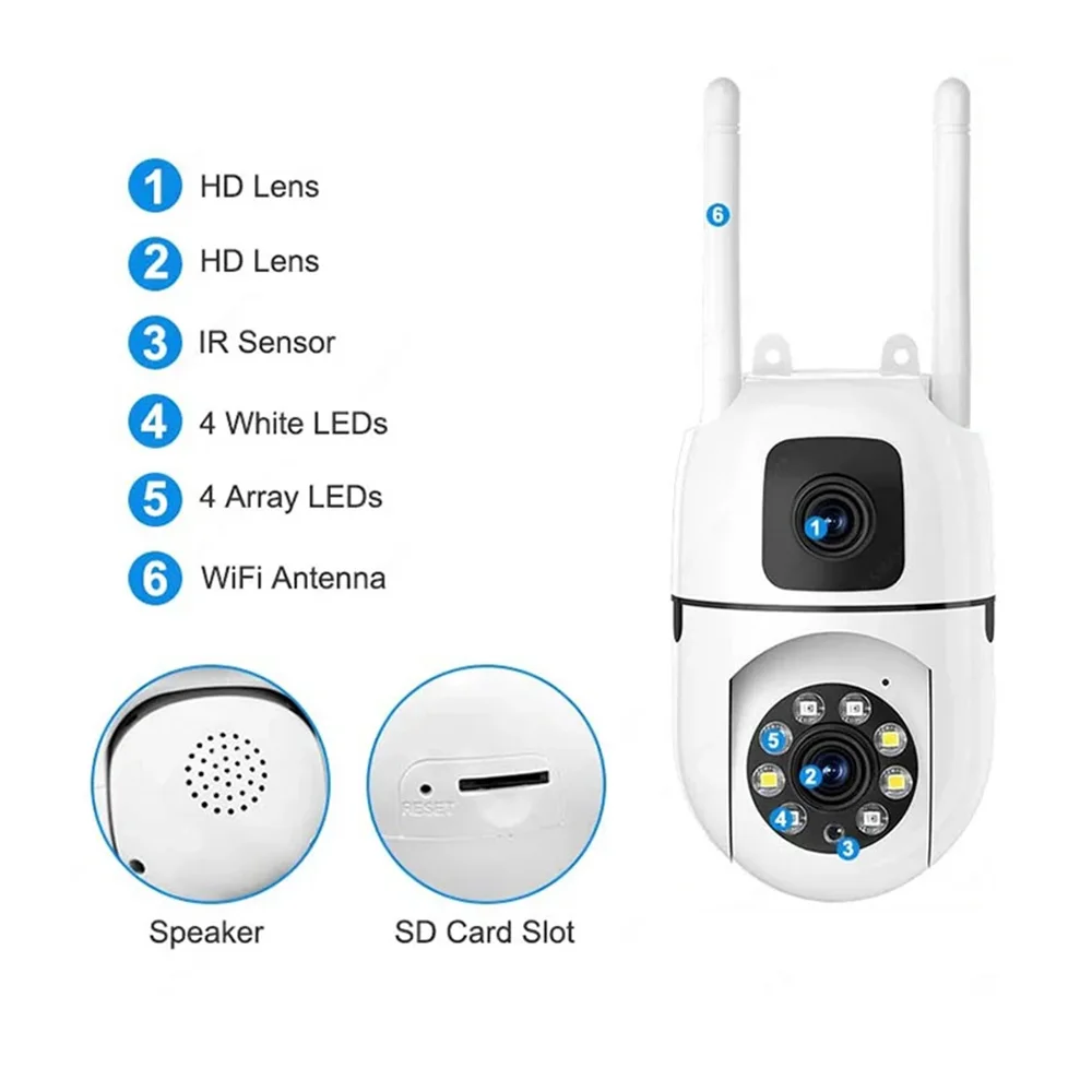 Câmera wi-fi de visão noturna de alta definição 4k, detecção de corpo humano de lente dupla, rede de distribuição rápida bluetooth de voz bidirecional