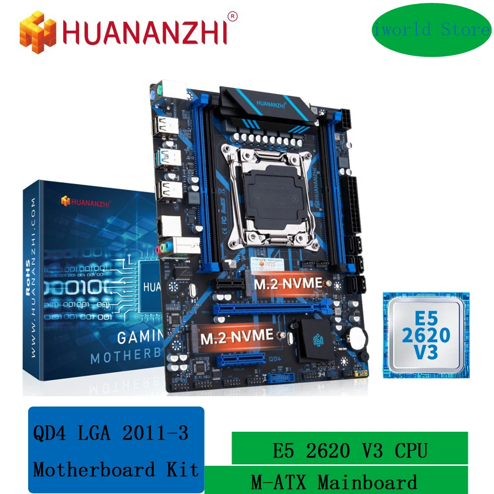 HUANANZHI X99 QD4 LGA 2011-3 Motherboard Kit with Intel XEON E5 2620 V3 DDR4 RECC NON-ECC Memory Combo Set M.2 NVME USB 3.0 SATA