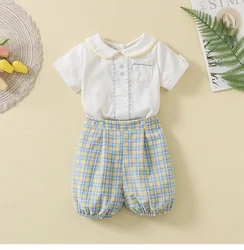 Baby Boys Clothes Boutique Sets Outfit Spanish Toddlers Clothing White Shirt Short 2pcs Plaid Pants Kids Casual Children Costume